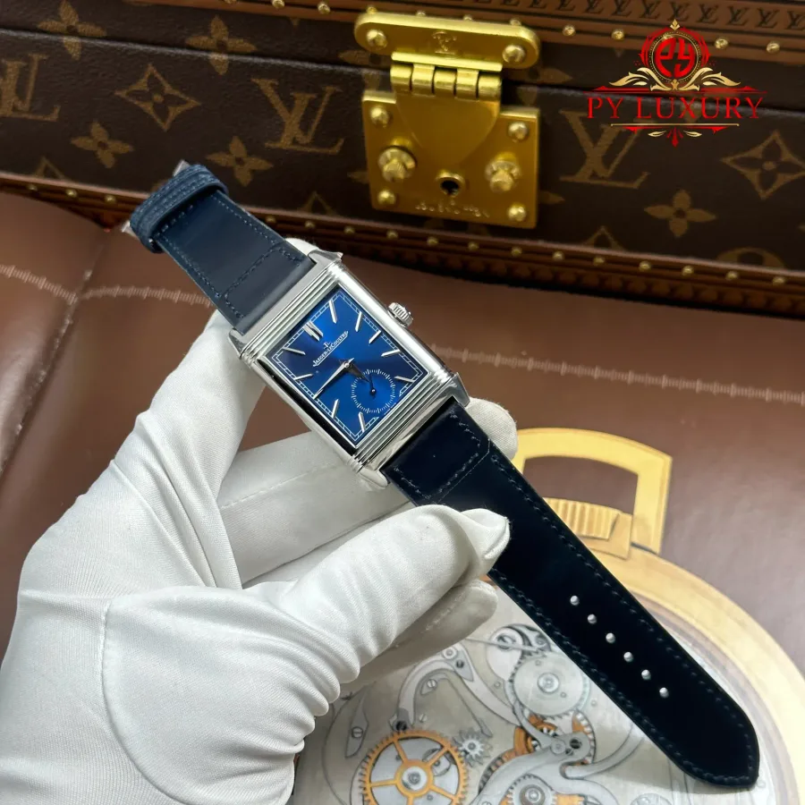 Jaeger LeCoultre Reverso Tribute Duoface Small Seconds Q3988481 Blue & Silver Dial MGF 47×28.3mm Super Clone Watch - Angle 2 - Jack Watches USA