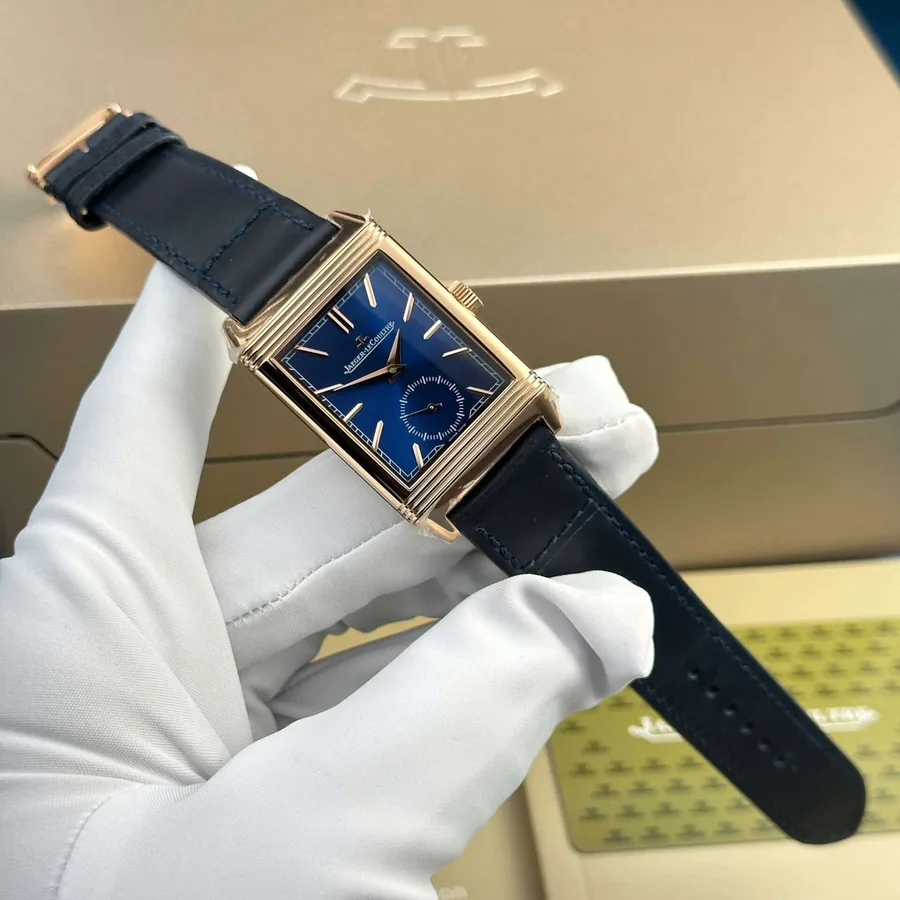 Jaeger-LeCoultre Reverso Tribute Monoface Small Seconds Rose Gold Blue Dial MGF 45.6×27.4mm Super Clone Watch - Angle 2 - Jack Watches USA