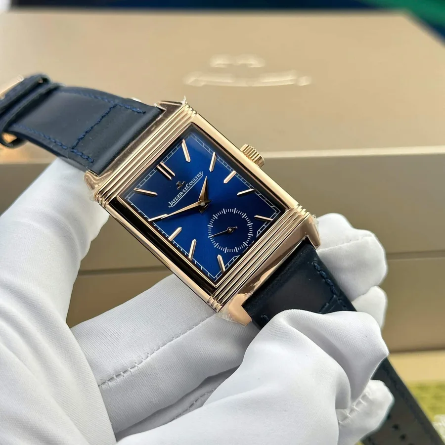 Jaeger-LeCoultre Reverso Tribute Monoface Small Seconds Rose Gold Blue Dial MGF 45.6×27.4mm Super Clone Watch - Angle 3 - Jack Watches USA