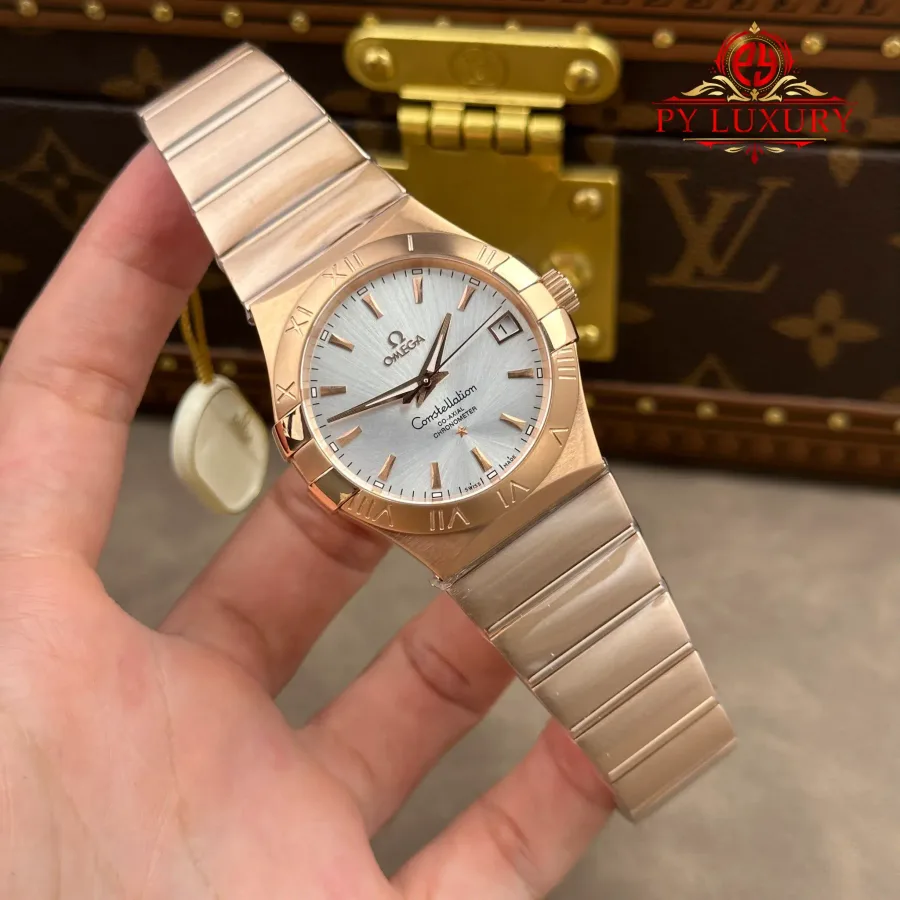 Omega Constellation 123.50.38.21.02.001 Red Gold Silver Dial 38mm Super Clone Watch - Angle 2 - Jack Watches USA