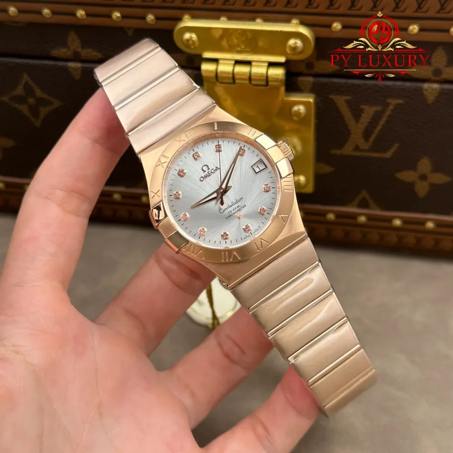 Omega Constellation 123.50.38.21.52.001 Red Gold Silver Diamond Dial 38mm Super Clone Watch - Angle 2 - Jack Watches USA