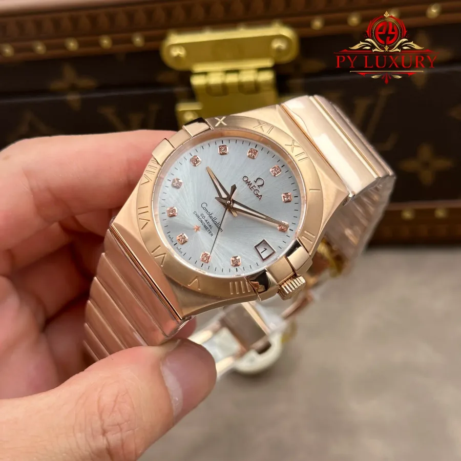 Omega Constellation 123.50.38.21.52.001 Red Gold Silver Diamond Dial 38mm Super Clone Watch - Angle 3 - Jack Watches USA