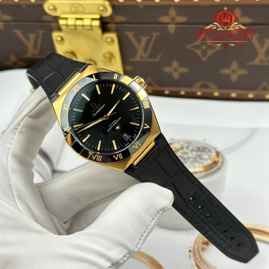 Omega Constellation 131.63.41.21.01.001 Yellow Gold Black Dial Leather Strap 41mm Super Clone Watch - Angle 2 - Jack Watches USA