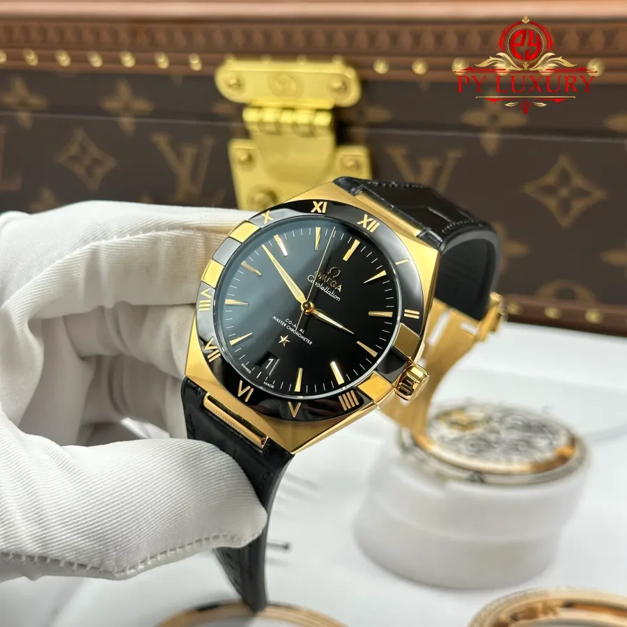 Omega Constellation 131.63.41.21.01.001 Yellow Gold Black Dial Leather Strap 41mm Super Clone Watch - Angle 3 - Jack Watches USA