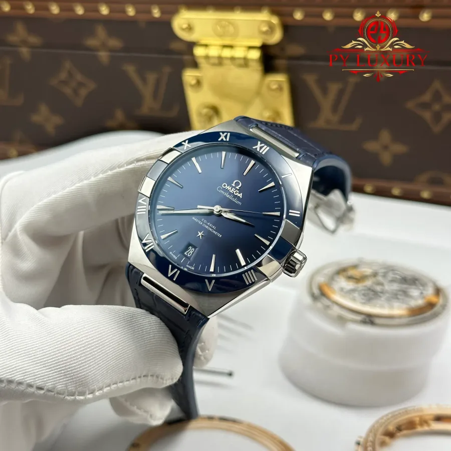 Omega Constellation Chronometer 131.33.41.21.03.001 Blue Dial Leather Strap 41mm Super Clone Watch - Angle 3 - Jack Watches USA
