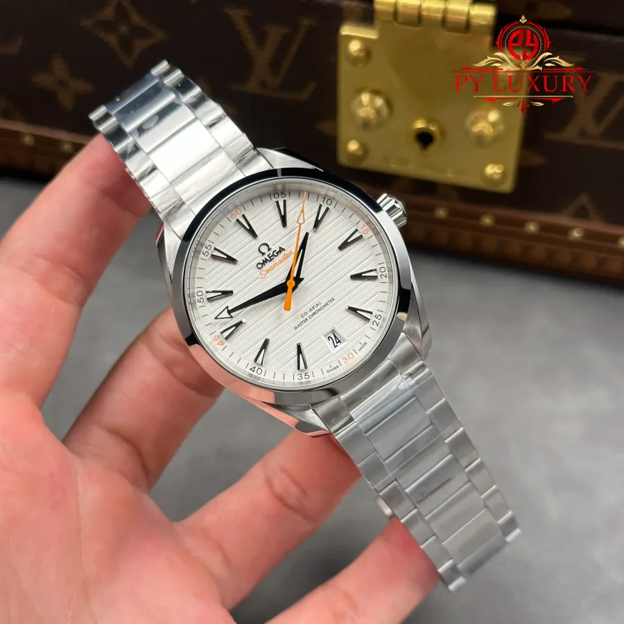 Omega Seamaster Aqua Terra Co-Axial Master Chronometer White Dial Orange Hand 41mm Super Clone Watch - Angle 2 - Jack Watches USA