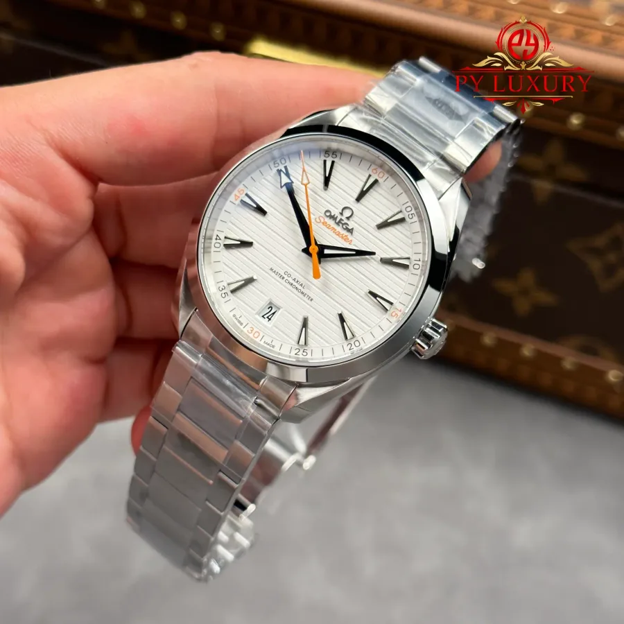 Omega Seamaster Aqua Terra Co-Axial Master Chronometer White Dial Orange Hand 41mm Super Clone Watch - Angle 3 - Jack Watches USA