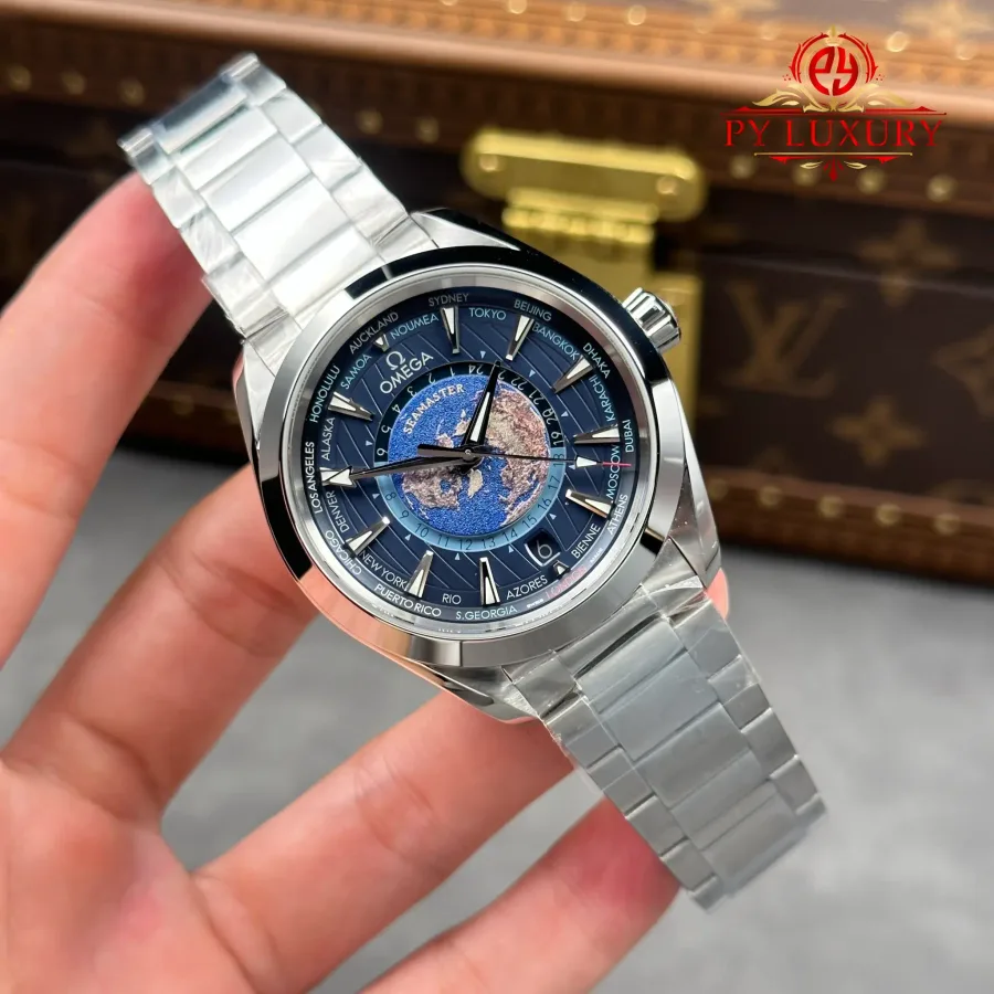 Omega Seamaster Aqua Terra Worldtimer Blue Dial Steel Bracelet 43mm Super Clone Watch - Angle 2 - Jack Watches USA