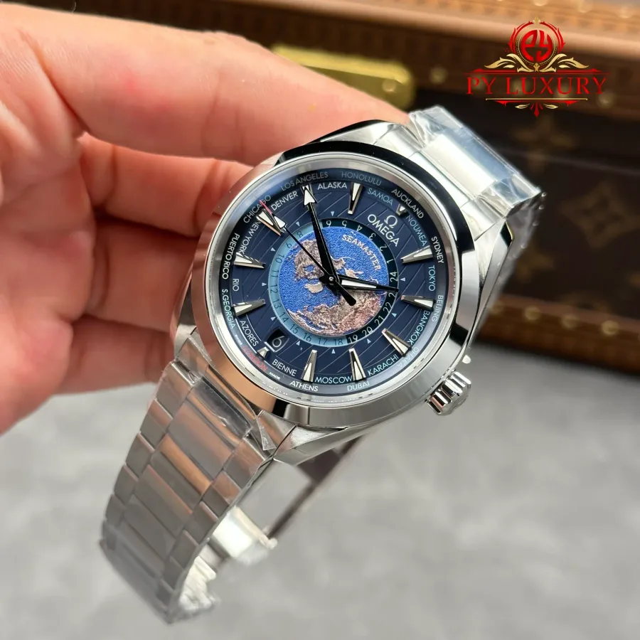 Omega Seamaster Aqua Terra Worldtimer Blue Dial Steel Bracelet 43mm Super Clone Watch - Angle 3 - Jack Watches USA