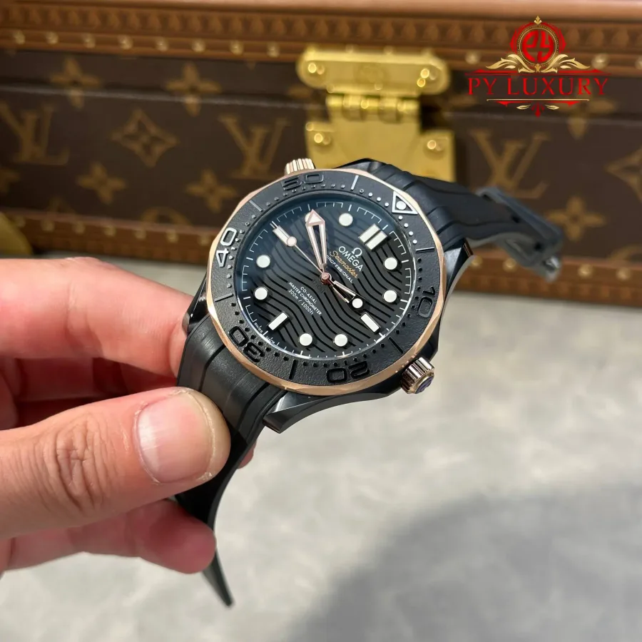 Omega Seamaster Diver 300M Black Ceramic and Sedna Gold Rubber Strap 43.5mm Super Clone Watch - Angle 2 - Jack Watches USA