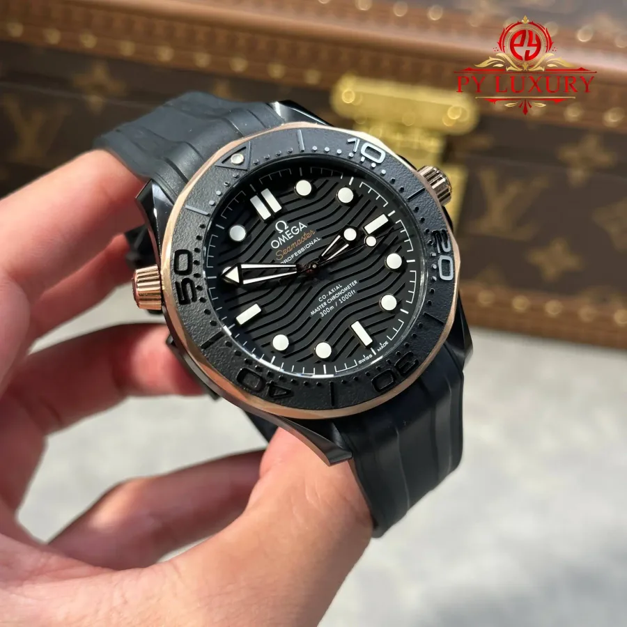 Omega Seamaster Diver 300M Black Ceramic and Sedna Gold Rubber Strap 43.5mm Super Clone Watch - Angle 3 - Jack Watches USA