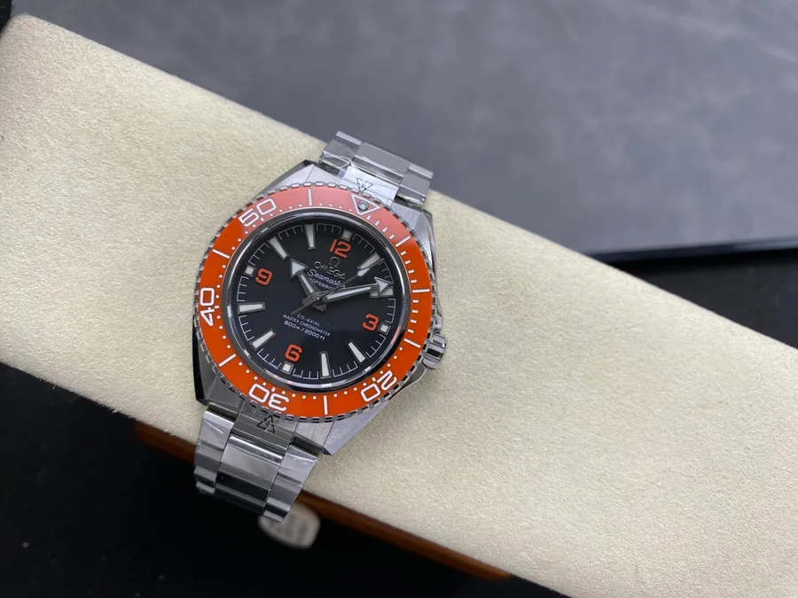 Omega Seamaster Planet Ocean 600M Black Dial Orange Ceramic Bezel 42mm Super Clone Watch - Angle 2 - Jack Watches USA
