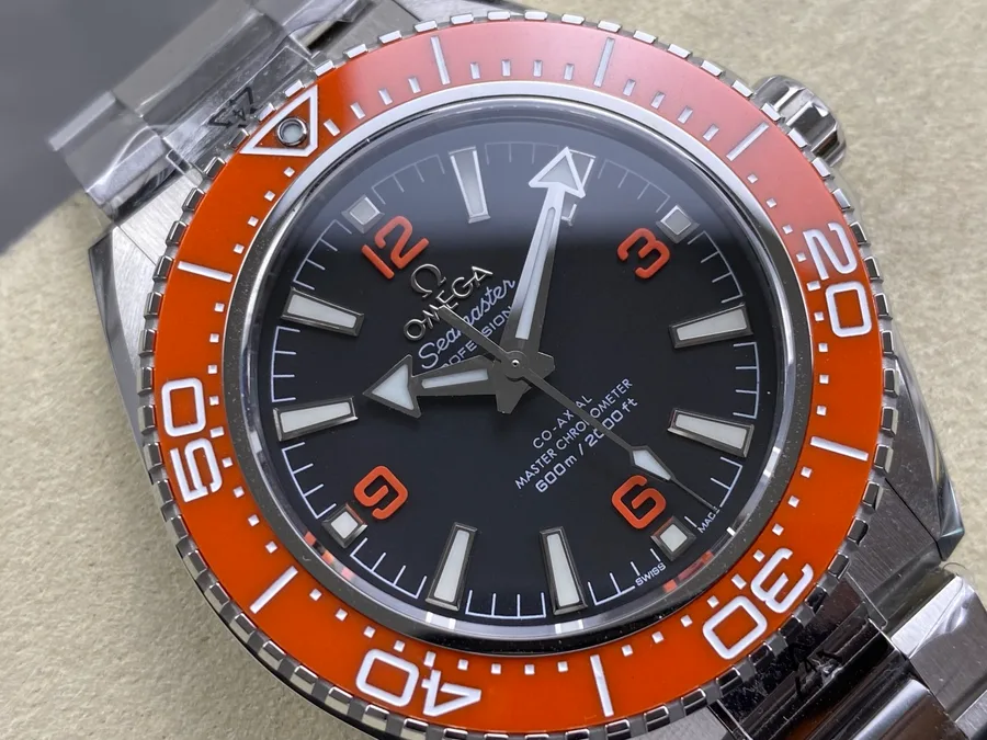 Omega Seamaster Planet Ocean 600M Black Dial Orange Ceramic Bezel 42mm Super Clone Watch - Angle 3 - Jack Watches USA