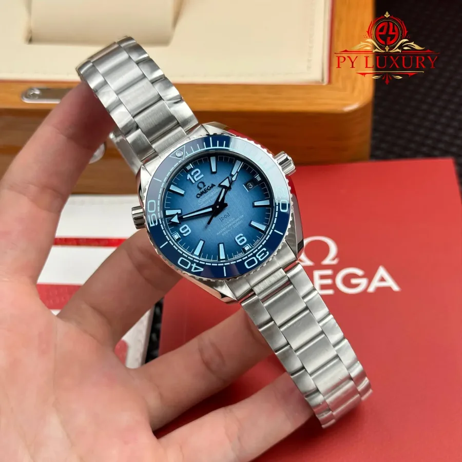 Omega Seamaster Planet Ocean 600M Summer Blue Dial 39.5mm Super Clone Watch - Angle 2 - Jack Watches USA