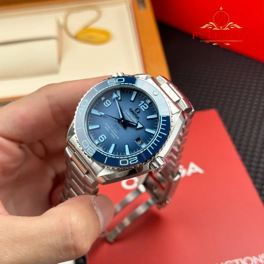 Omega Seamaster Planet Ocean 600M Summer Blue Dial 39.5mm Super Clone Watch - Angle 3 - Jack Watches USA