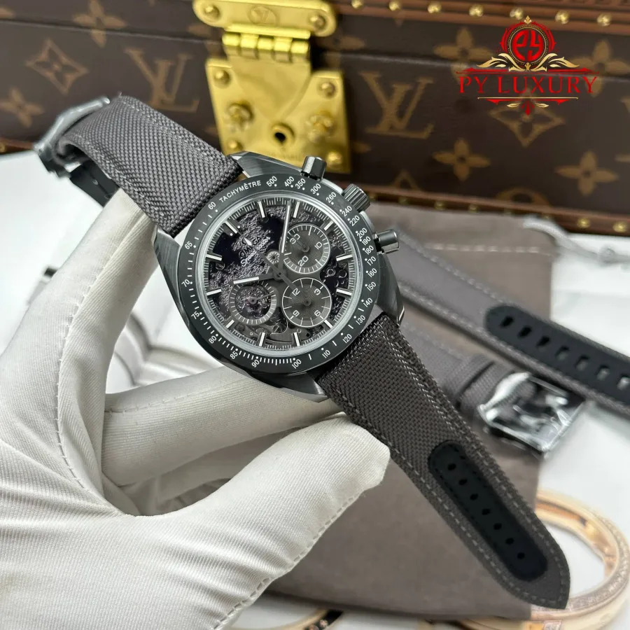 Omega Speedmaster Grey Side of the Moon Apollo 8 Grey Ceramic Grey Dial Nylon Strap 44mm Super Clone Watch - Angle 2 - Jack Watches USA