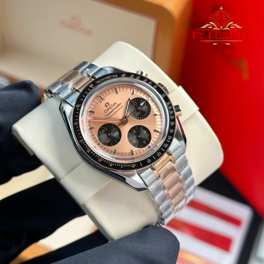Omega Speedmaster Moonwatch Chronograph Two Tone Rose Gold Pink Dial Swiss Replica 42mm Super Clone Watch - Angle 2 - Jack Watches USA