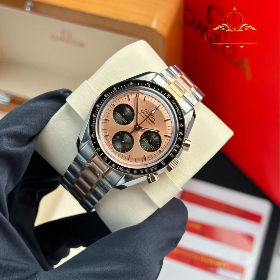 Omega Speedmaster Moonwatch Chronograph Two Tone Rose Gold Pink Dial Swiss Replica 42mm Super Clone Watch - Angle 3 - Jack Watches USA