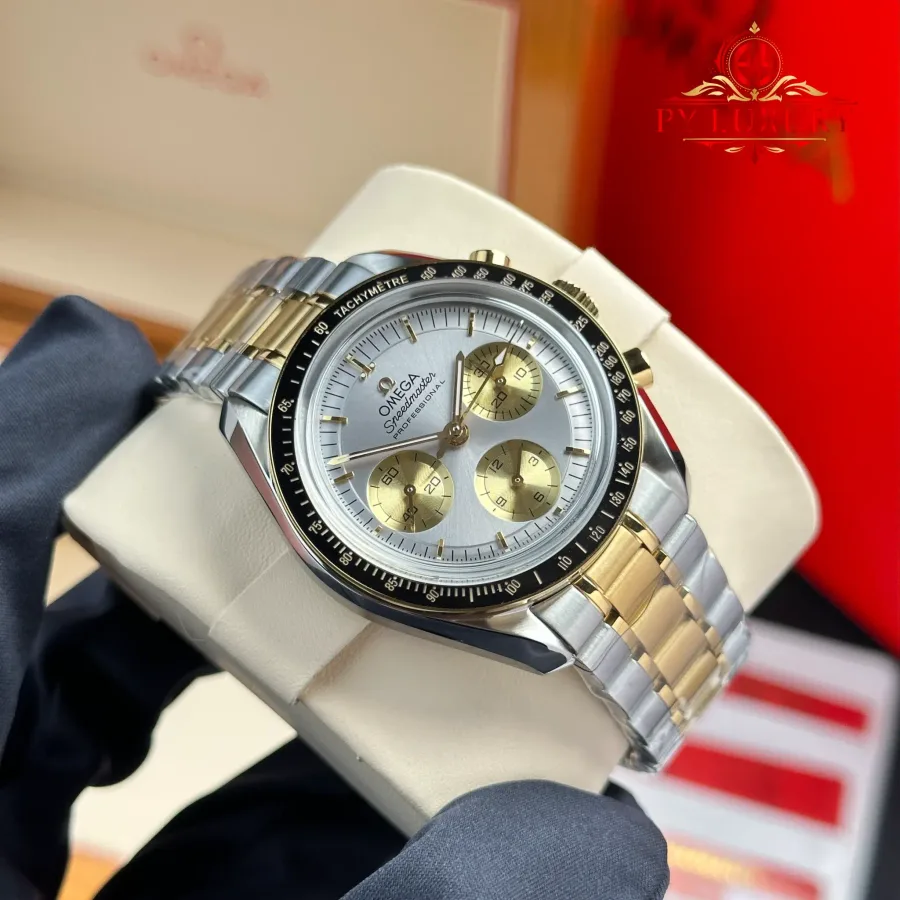 Omega Speedmaster Moonwatch Chronograph Two Tone Yellow Gold Silver Dial Swiss Replica 42mm Super Clone Watch - Angle 2 - Jack Watches USA
