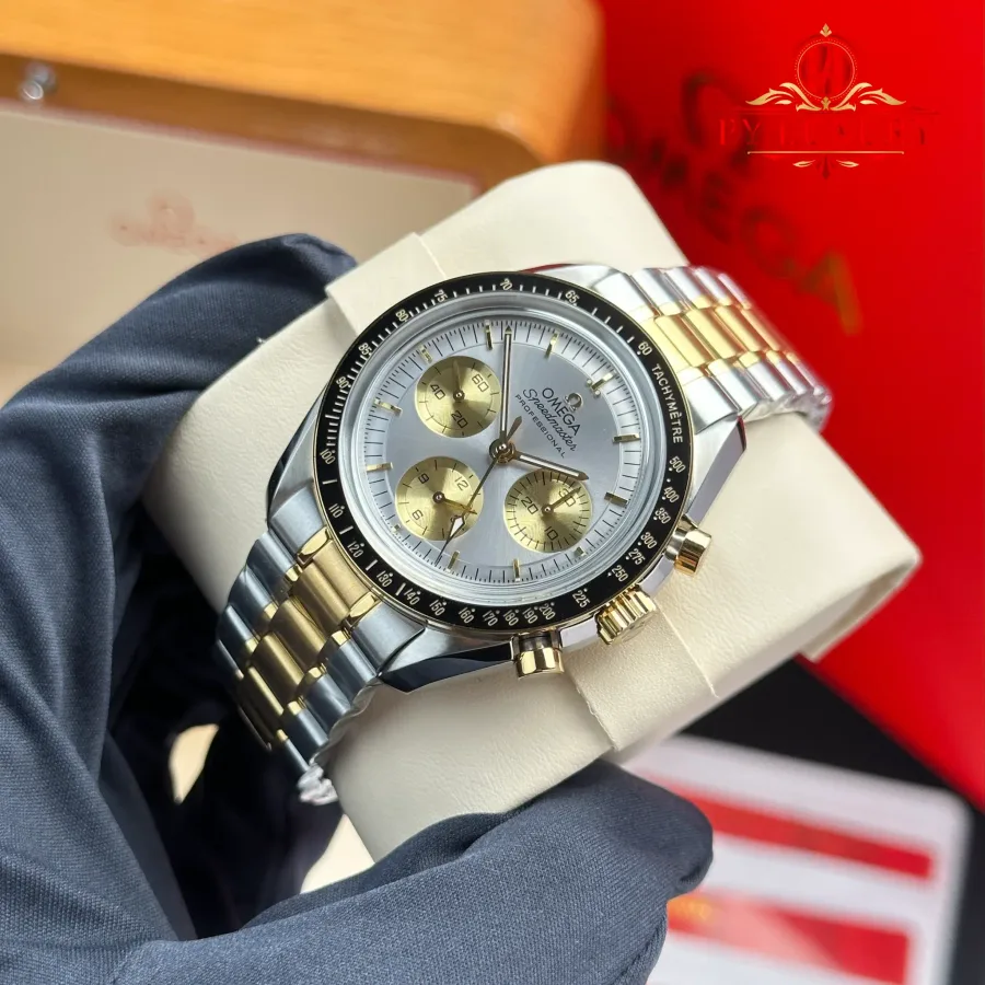 Omega Speedmaster Moonwatch Chronograph Two Tone Yellow Gold Silver Dial Swiss Replica 42mm Super Clone Watch - Angle 3 - Jack Watches USA