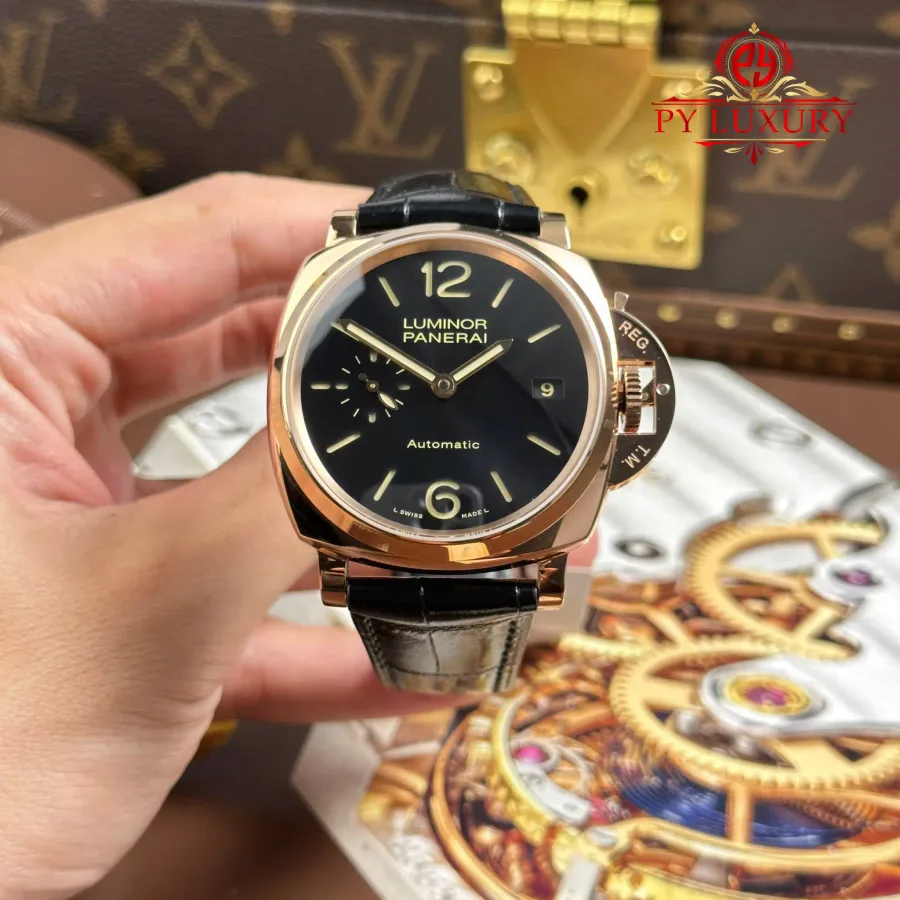 Panerai Luminor Due PAM908 Rose Gold Black Dial Leather Strap 38mm