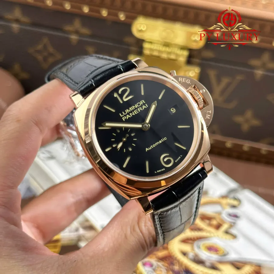 Panerai Luminor Due PAM908 Rose Gold Black Dial Leather Strap 38mm Super Clone Watch - Angle 2 - Jack Watches USA