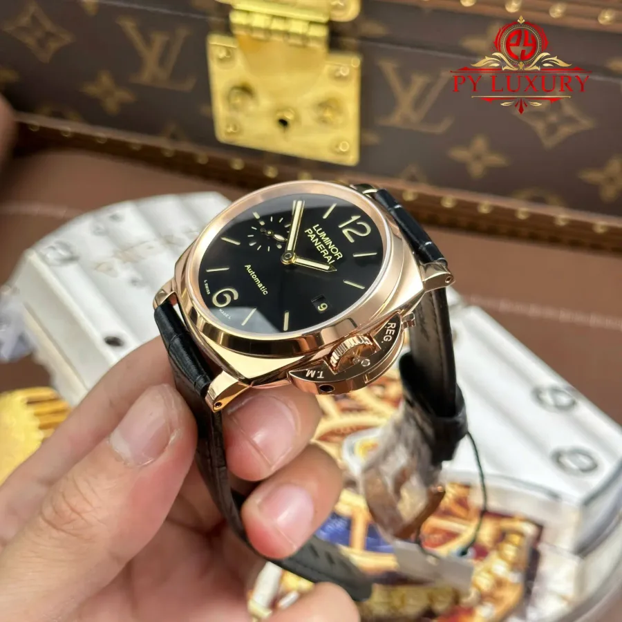 Panerai Luminor Due PAM908 Rose Gold Black Dial Leather Strap 38mm Super Clone Watch - Angle 3 - Jack Watches USA