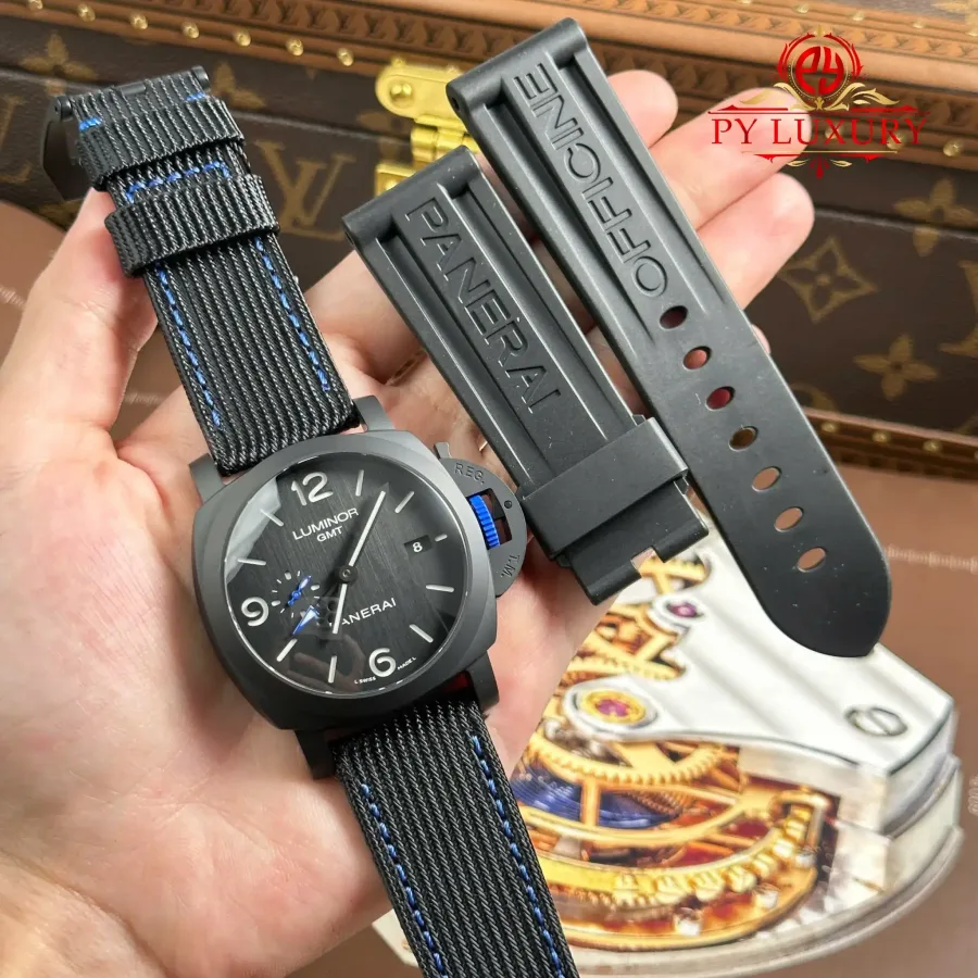 Panerai Luminor GMT Bucherer Blue Limited Edition PAM1176 Textile Strap 44mm Super Clone Watch - Angle 2 - Jack Watches USA