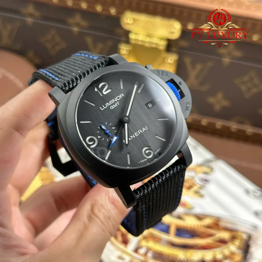 Panerai Luminor GMT Bucherer Blue Limited Edition PAM1176 Textile Strap 44mm Super Clone Watch - Angle 3 - Jack Watches USA