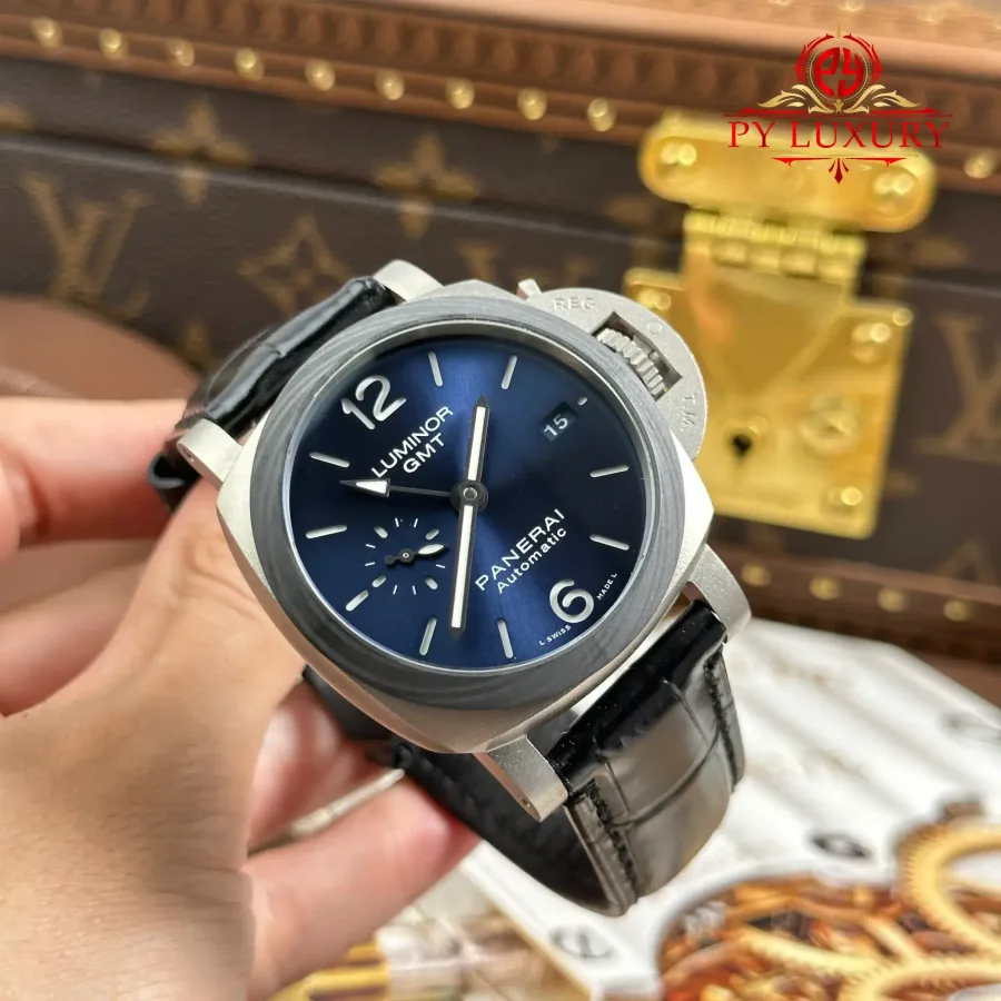 Panerai Luminor GMT PAM1279 Titanium Blue Dial Leather Strap 42mm Super Clone Watch - Angle 2 - Jack Watches USA