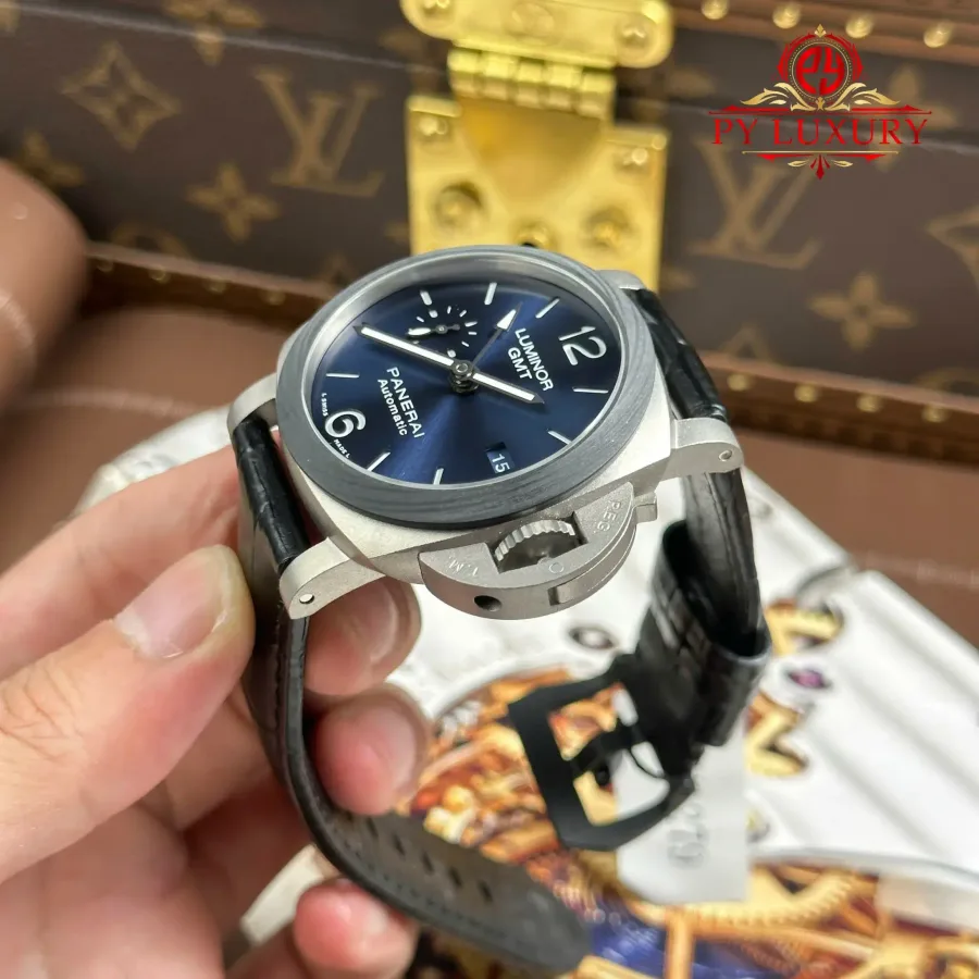 Panerai Luminor GMT PAM1279 Titanium Blue Dial Leather Strap 42mm Super Clone Watch - Angle 3 - Jack Watches USA