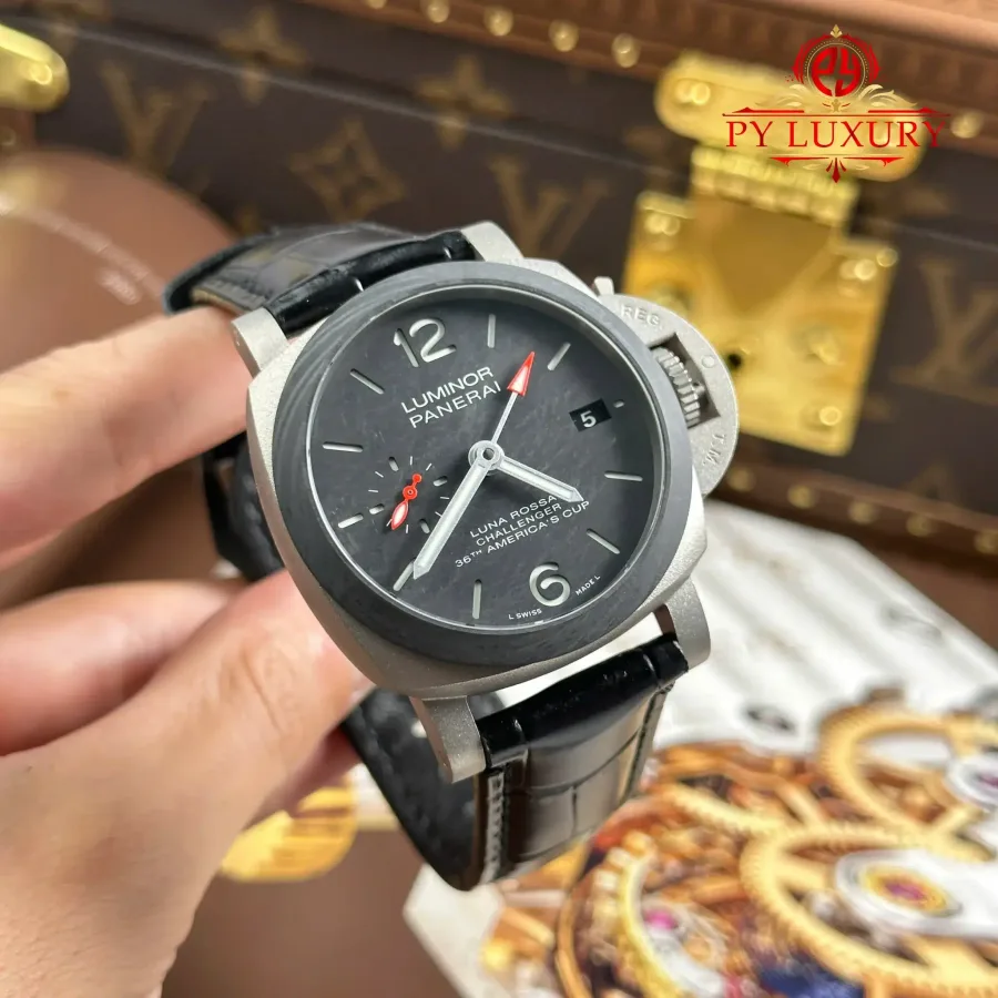 Panerai Luminor Luna Rossa GMT PAM1096 Titanium Carbotech Scafotech Leather Strap 42mm Super Clone Watch - Angle 2 - Jack Watches USA