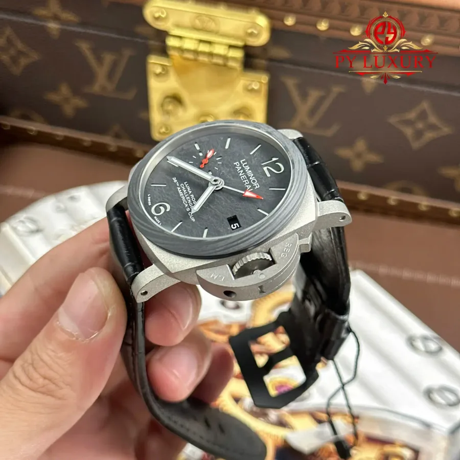 Panerai Luminor Luna Rossa GMT PAM1096 Titanium Carbotech Scafotech Leather Strap 42mm Super Clone Watch - Angle 3 - Jack Watches USA