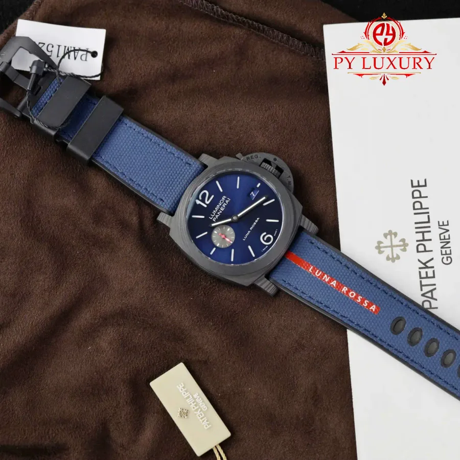 Panerai Luminor Marina Carbotech Luna Rossa PAM 1529 Blue Dial 44mm Super Clone Watch - Angle 2 - Jack Watches USA