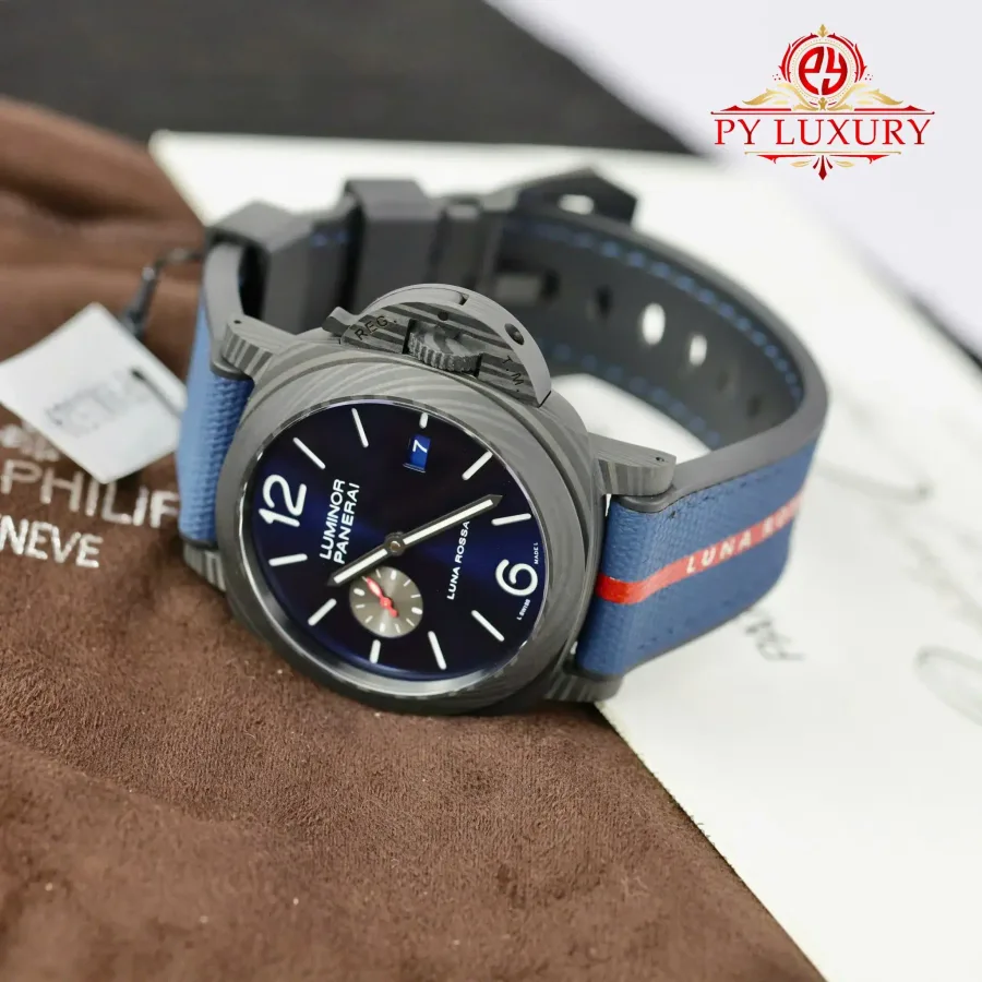 Panerai Luminor Marina Carbotech Luna Rossa PAM 1529 Blue Dial 44mm Super Clone Watch - Angle 3 - Jack Watches USA