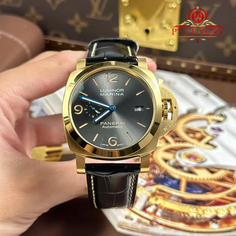 Panerai Luminor Marina PAM1115 Yellow Gold Grey Dial Leather Strap 44mm