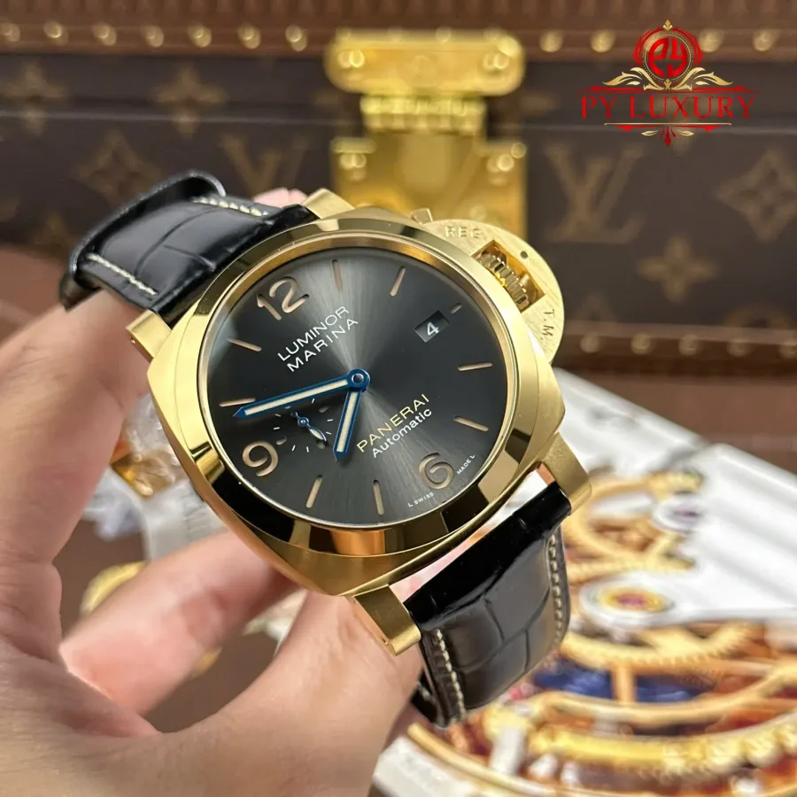 Panerai Luminor Marina PAM1115 Yellow Gold Grey Dial Leather Strap 44mm Super Clone Watch - Angle 2 - Jack Watches USA