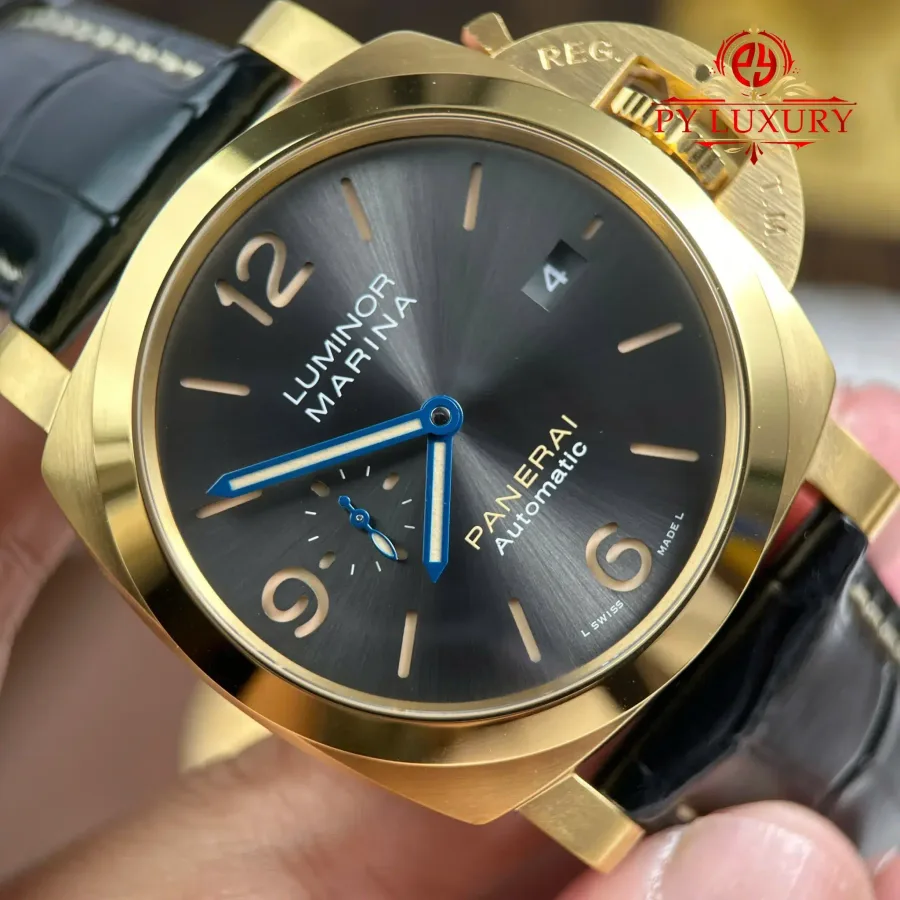 Panerai Luminor Marina PAM1115 Yellow Gold Grey Dial Leather Strap 44mm Super Clone Watch - Angle 3 - Jack Watches USA