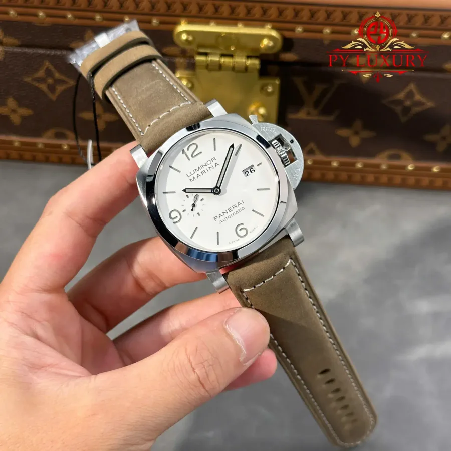 Panerai Luminor Marina PAM1314 Steel White Dial Leather 44mm Super Clone Watch - Angle 2 - Jack Watches USA