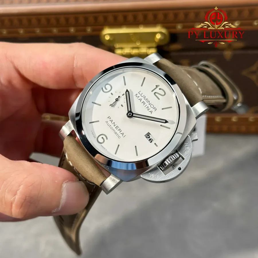 Panerai Luminor Marina PAM1314 Steel White Dial Leather 44mm Super Clone Watch - Angle 3 - Jack Watches USA