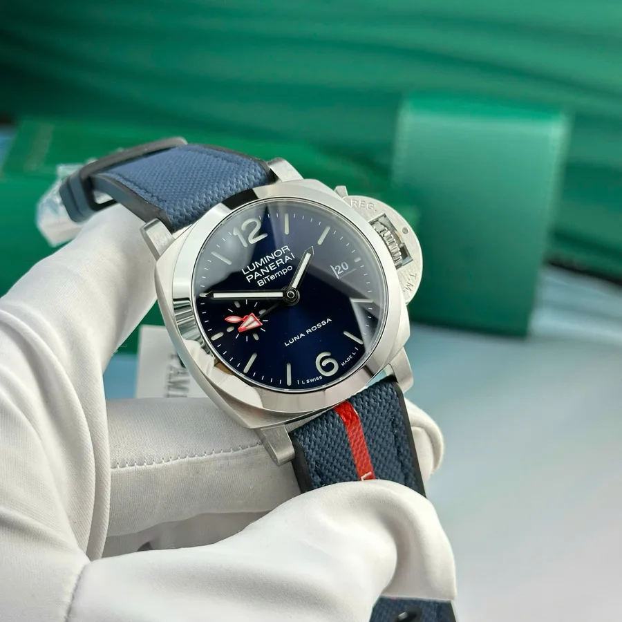 Panerai Luminor Quaranta BiTempo Luna Rossa PAM01404 Blue Dial Rubber Strap 40mm Super Clone Watch - Angle 2 - Jack Watches USA