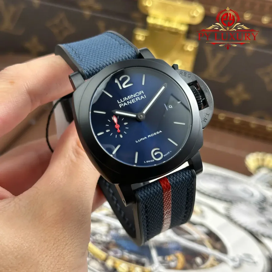 Panerai Luminor Quaranta Steel DLC Luna Rossa PAM01408 Blue Dial 40mm Super Clone Watch - Angle 2 - Jack Watches USA