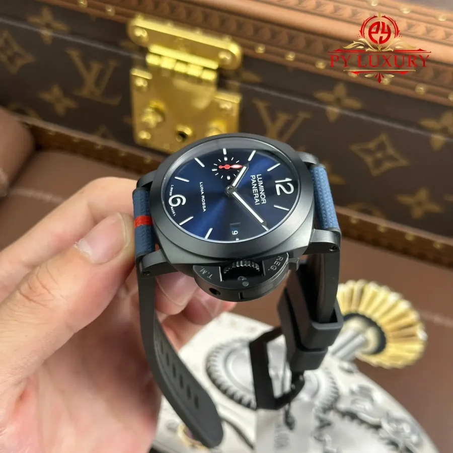 Panerai Luminor Quaranta Steel DLC Luna Rossa PAM01408 Blue Dial 40mm Super Clone Watch - Angle 3 - Jack Watches USA