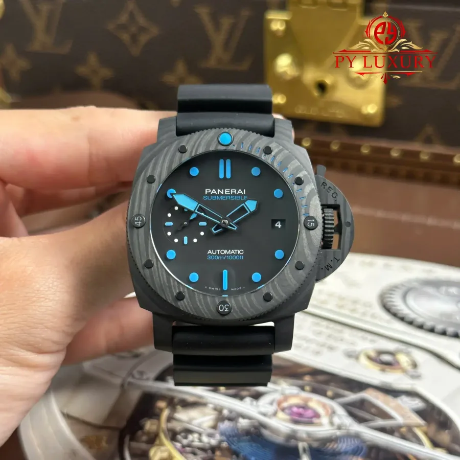 Panerai Submersible Carbotech PAM00960 Black with Blue Accents Rubber Band 42mm
