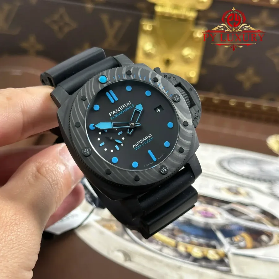 Panerai Submersible Carbotech PAM00960 Black with Blue Accents Rubber Band 42mm Super Clone Watch - Angle 2 - Jack Watches USA