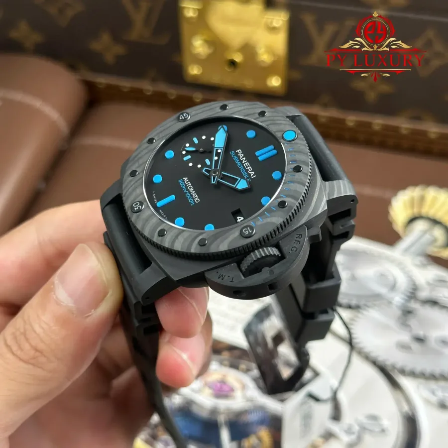 Panerai Submersible Carbotech PAM00960 Black with Blue Accents Rubber Band 42mm Super Clone Watch - Angle 3 - Jack Watches USA