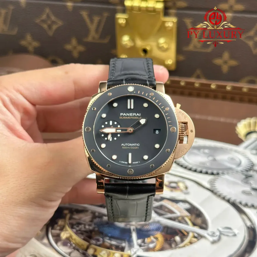 Panerai Submersible PAM00974 Rose Gold Black Dial Leather Strap 42mm