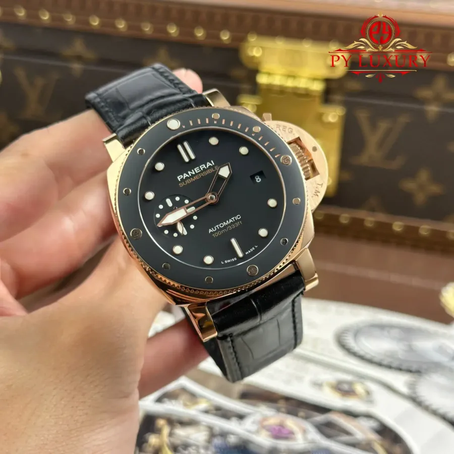Panerai Submersible PAM00974 Rose Gold Black Dial Leather Strap 42mm Super Clone Watch - Angle 2 - Jack Watches USA