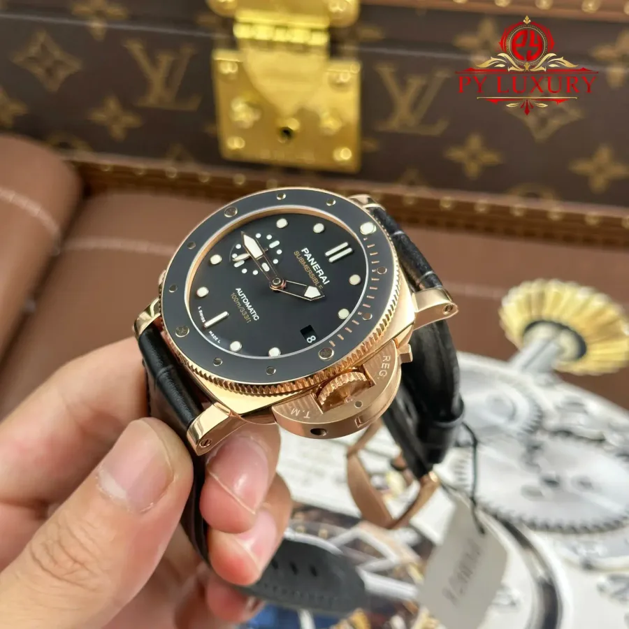 Panerai Submersible PAM00974 Rose Gold Black Dial Leather Strap 42mm Super Clone Watch - Angle 3 - Jack Watches USA