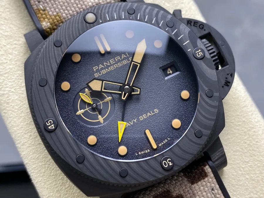 Panerai Submersible QuarantaQuattro GMT Navy SEALs Carbotech PAM1513 Black Dial 44mm Super Clone Watch - Angle 2 - Jack Watches USA